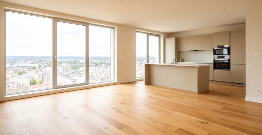 Intérieur d'un appartement rénové contemporain avec grandes baies vitrées