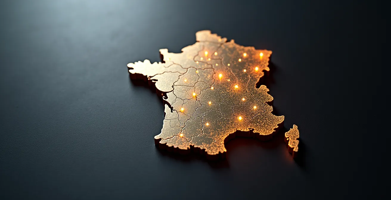 Vue aérienne d'une carte en relief de l'Île-de-France avec zones lumineuses contrastées