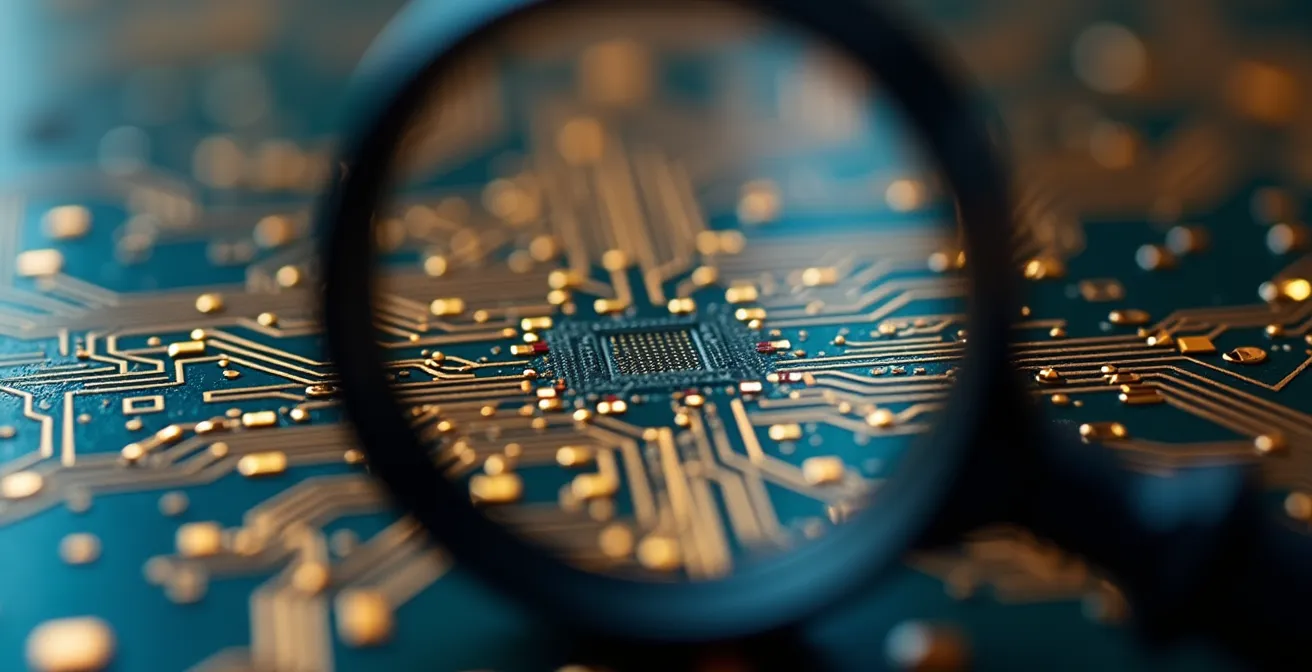 Vue macro d'un circuit électronique examiné à la loupe