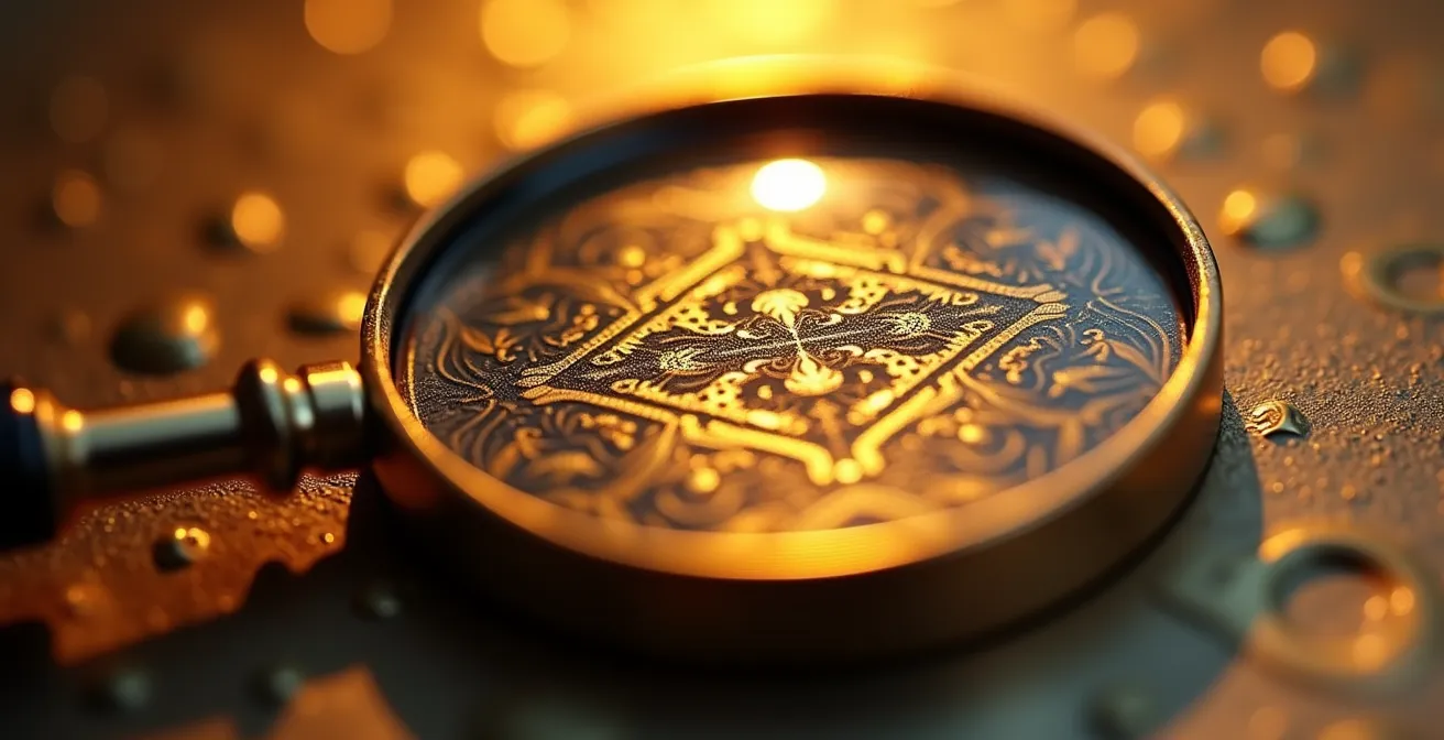 Loupe grossissante révélant les détails d'une surface dorée texturée