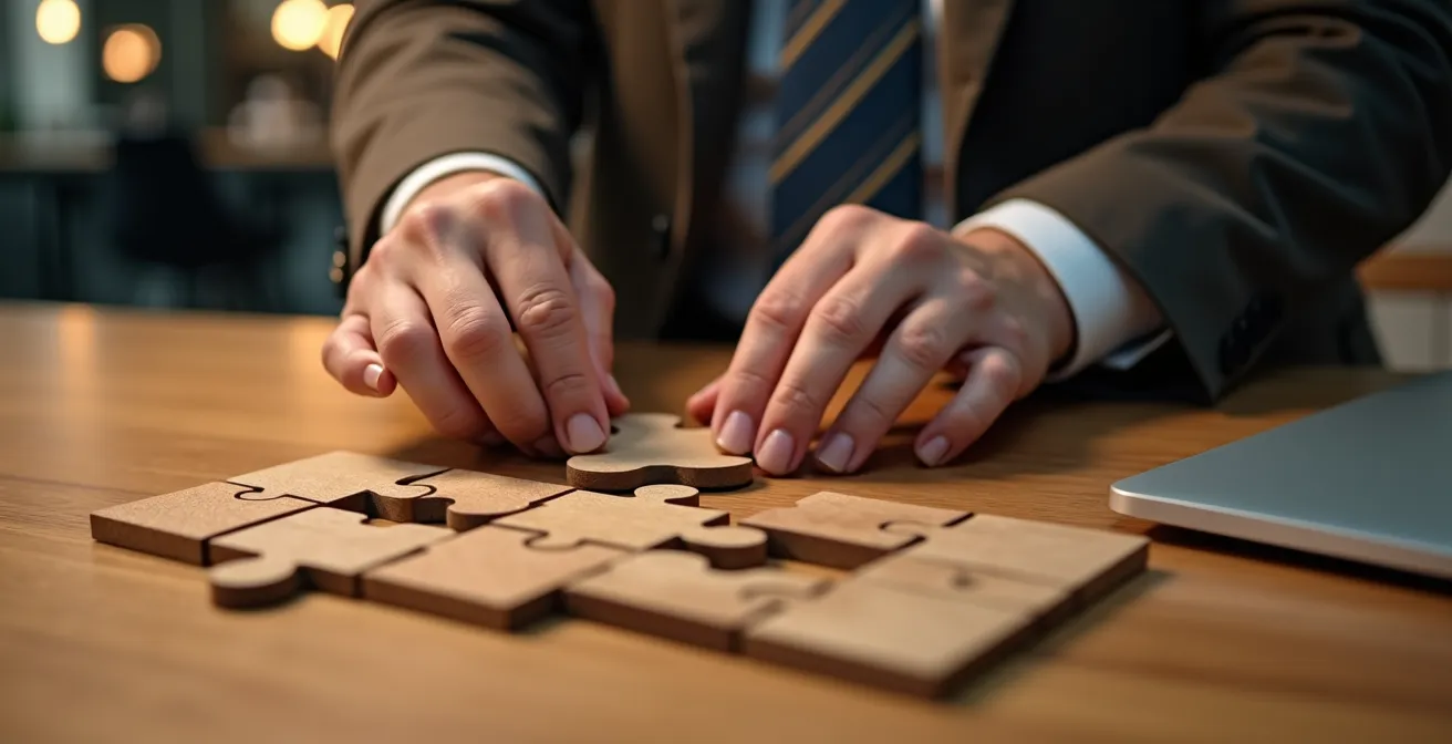Mains assemblant des pièces de puzzle en bois sur un bureau élégant