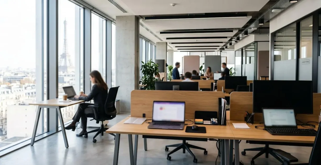 Vue large d'un open space contemporain de courtage avec postes de travail épurés et lumière naturelle abondante