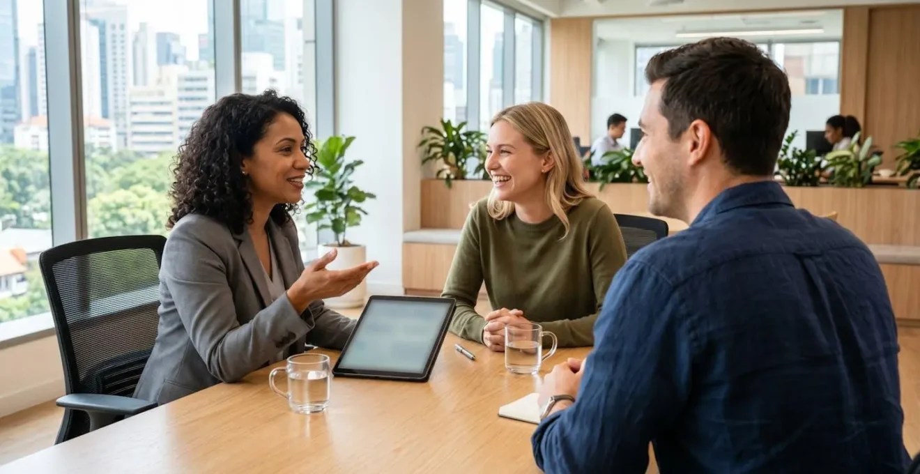 Un couple vu de dos consulte une tablette avec un conseiller dans un bureau lumineux aux lignes épurées