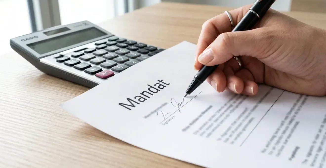 Gros plan sur une main tenant un stylo au-dessus d'un document de mandat de courtage avec calculatrice en arrière-plan flouté